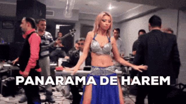 a belly dancer is dancing in a room with the words panorama de harem written above her