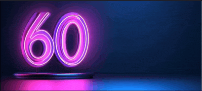a neon sign that says the number 60 on a blue background .