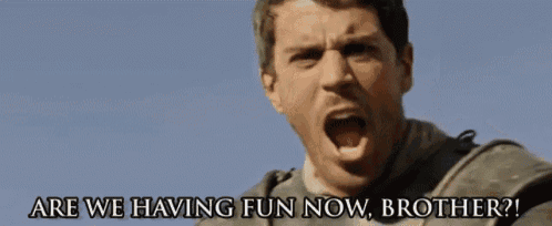 a man is screaming with the words " are we having fun now brother " above him