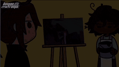 a cartoon of a man looking at a painting on an easel with danganronpa written on the bottom