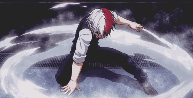 a man with red and white hair is kneeling down in a circle of water