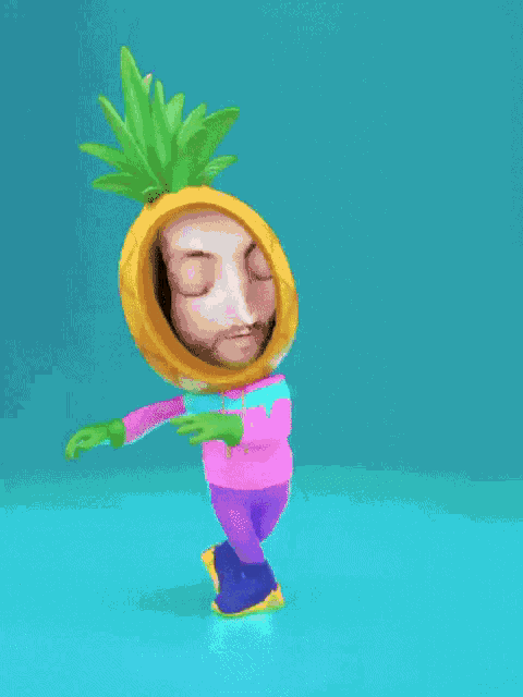 a cartoon character is wearing a pineapple head and a pink sweatshirt with the letter s on it