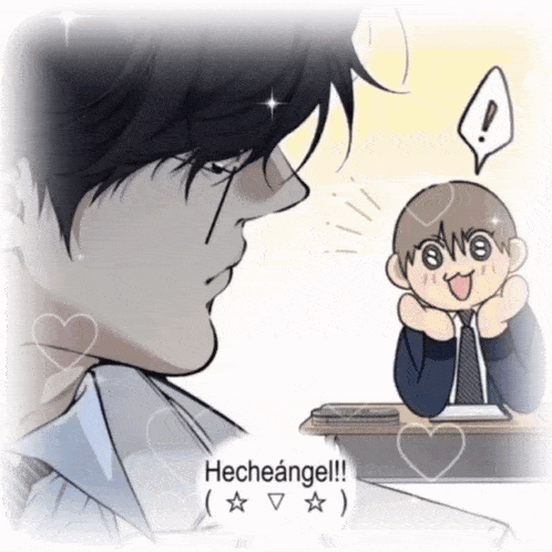 a cartoon drawing of a man and a boy with the words hecheangel on the bottom