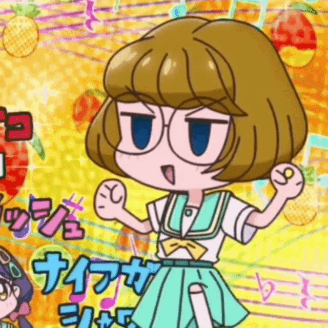 a cartoon of a girl wearing glasses and a blue bow