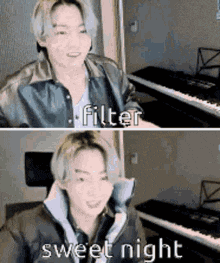 a man in a leather jacket is sitting in front of a piano and says sweet night .