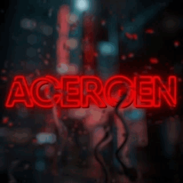a red neon sign that says acergen on a dark background