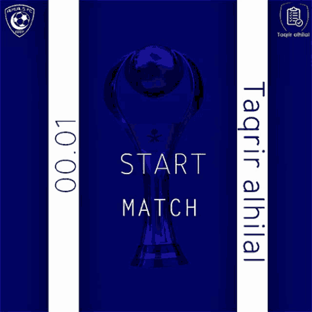 a blue background with a soccer trophy and the words start match