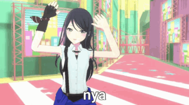 a girl is dancing in a video game and the word nya is on the bottom of the picture