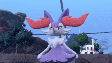 a purple and white pokemon with red ears is standing on top of a rocky hill .
