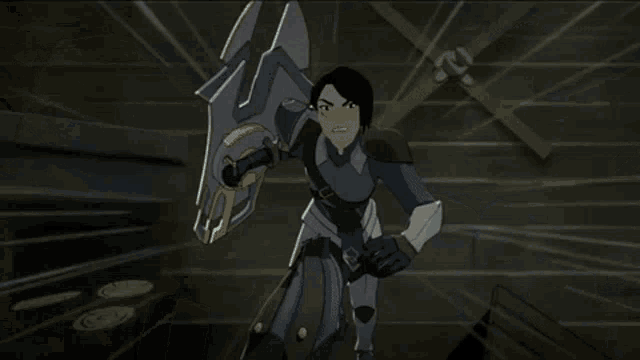 a cartoon character is holding a sword and shield in a room .