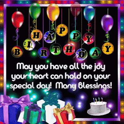 a happy birthday card with balloons and gifts