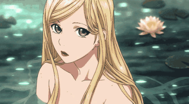 a naked anime girl with long blonde hair and purple eyes looks at the camera
