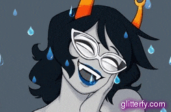 a cartoon drawing of a troll with glasses and blue lips with glitterfy.com in the bottom right corner