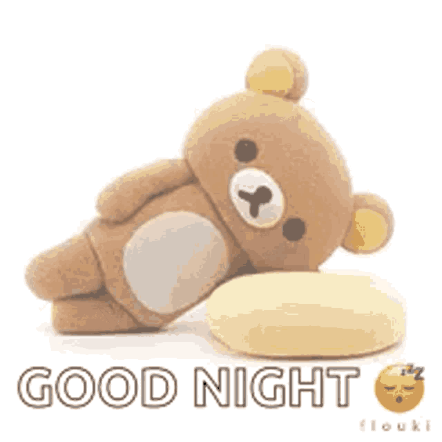 a teddy bear is laying on a pillow with the words `` good night '' written below it .