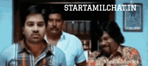 a group of men standing in front of a sign that says starttamilchat in
