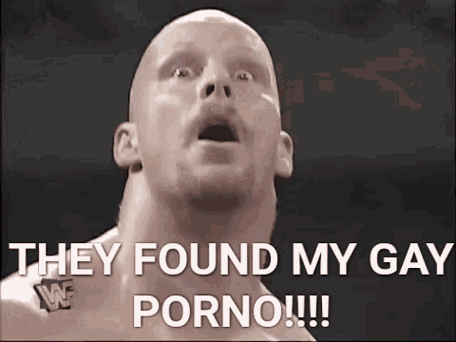 a bald man with his mouth open and the words they found my gay porno