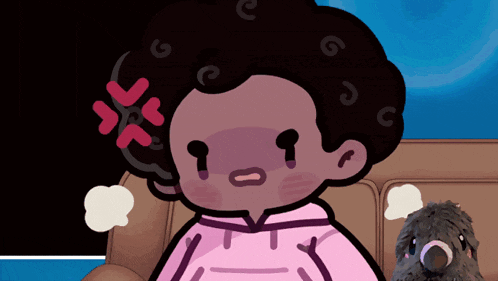 a cartoon character is sitting on a couch with a stuffed animal behind her