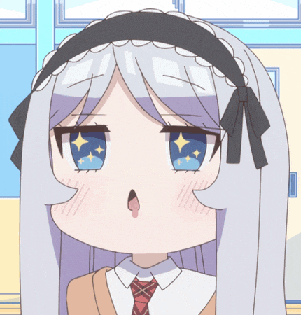a cartoon girl with long white hair and blue eyes making a funny face