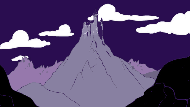 a cartoon drawing of a castle on top of a mountain at night