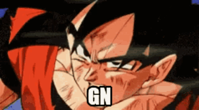 a close up of a cartoon character with the words `` gn '' on his face .