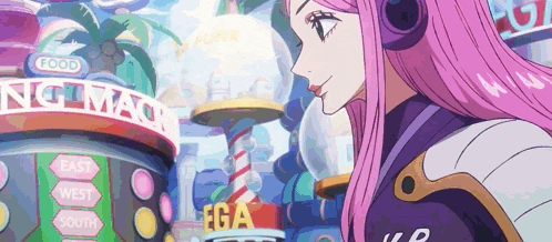 a girl with pink hair is standing in front of a food stand