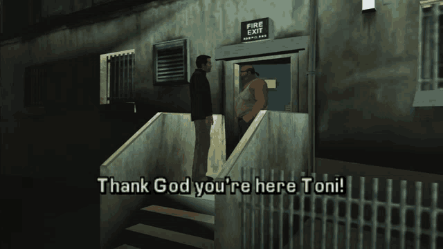 two men standing in front of a fire exit sign that says " thank god you 're here toni "