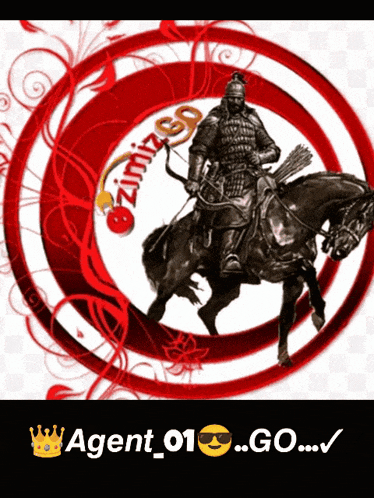 a picture of a man riding a horse with agent 01 go written on it