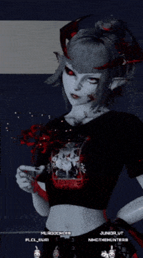 a girl with horns and a black shirt that says vampire