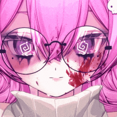 a girl with pink hair and glasses has a bloody face