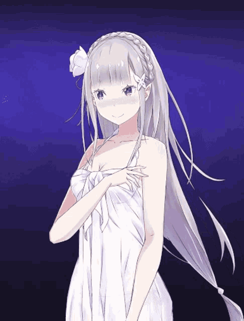 a girl with long white hair and a flower in her hair is wearing a white dress