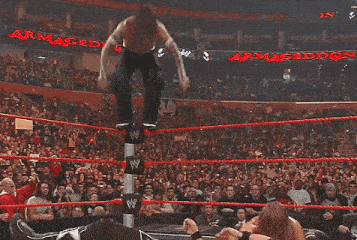 a wrestler is being punched in the face by another wrestler while a crowd watches .