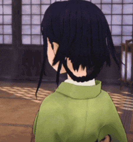 a cartoon character with black hair is wearing a green jacket