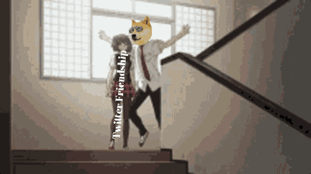 a doge wearing sunglasses is standing next to a girl on a set of stairs with twitter friendship written on the bottom