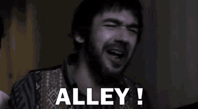 a man with a beard is making a funny face and saying alley !