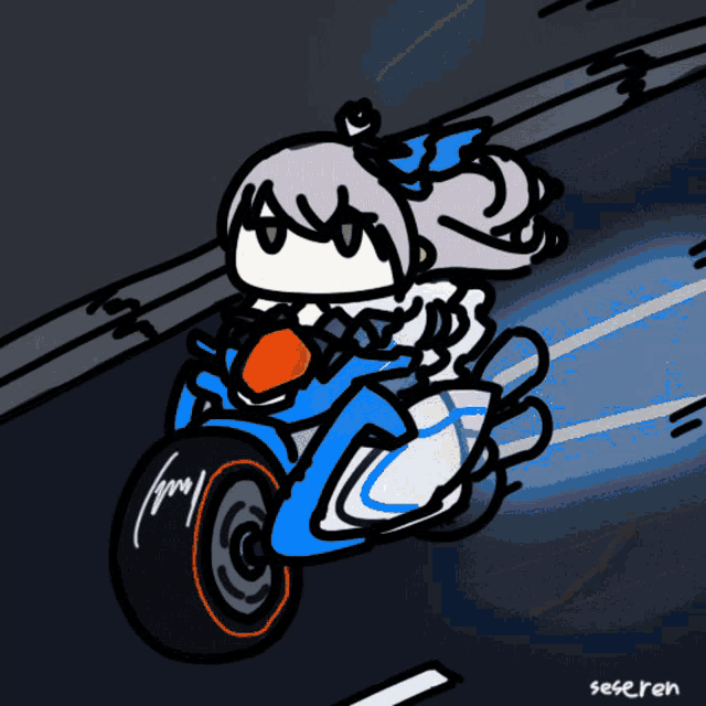 a cartoon drawing of a girl riding a motorcycle with the name seseren written below it