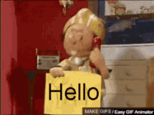 a cartoon character is holding a sign that says " hello "