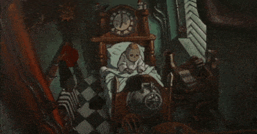 a cartoon drawing of a room with a clock and a bed with a blanket on it