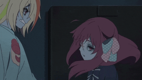 two anime characters are standing next to each other and one has a pink bow in her hair