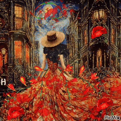 a painting of a woman surrounded by red flowers with picmix in the bottom right corner