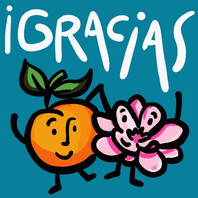 a cartoon drawing of an orange and a pink flower with the words gracias written above them
