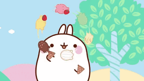 a cartoon of a rabbit eating ice cream with a tree in the background
