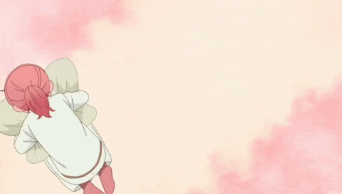 a girl with pink hair is hugging a pillow and making a sad face