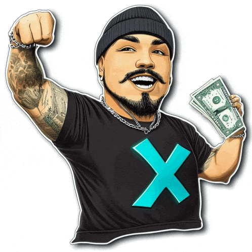 a man in a black shirt with an x on it