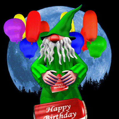 a gnome is holding a happy birthday can in front of balloons