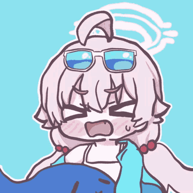 a cartoon drawing of a girl wearing sunglasses and a blue shirt