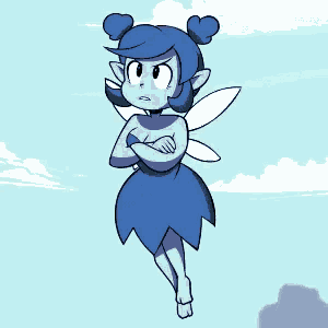 a blue fairy with her arms crossed is flying through the air