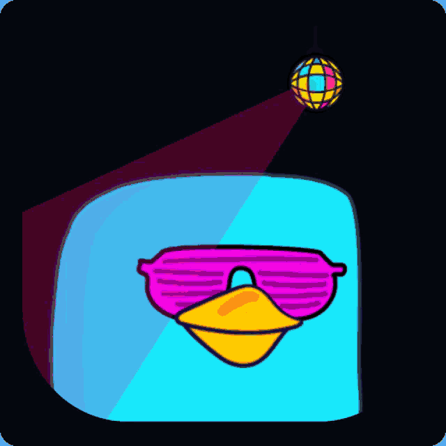 a cartoon duck wearing sunglasses and a disco ball