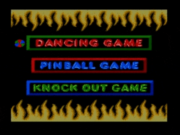 a dancing game pinball game and knock out game are displayed on a black screen