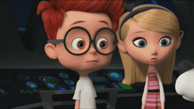 a boy with red hair and glasses stands next to a girl in a pink dress