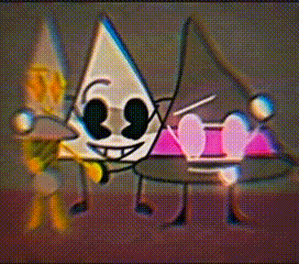 a couple of cartoon characters standing next to each other one of which is a triangle